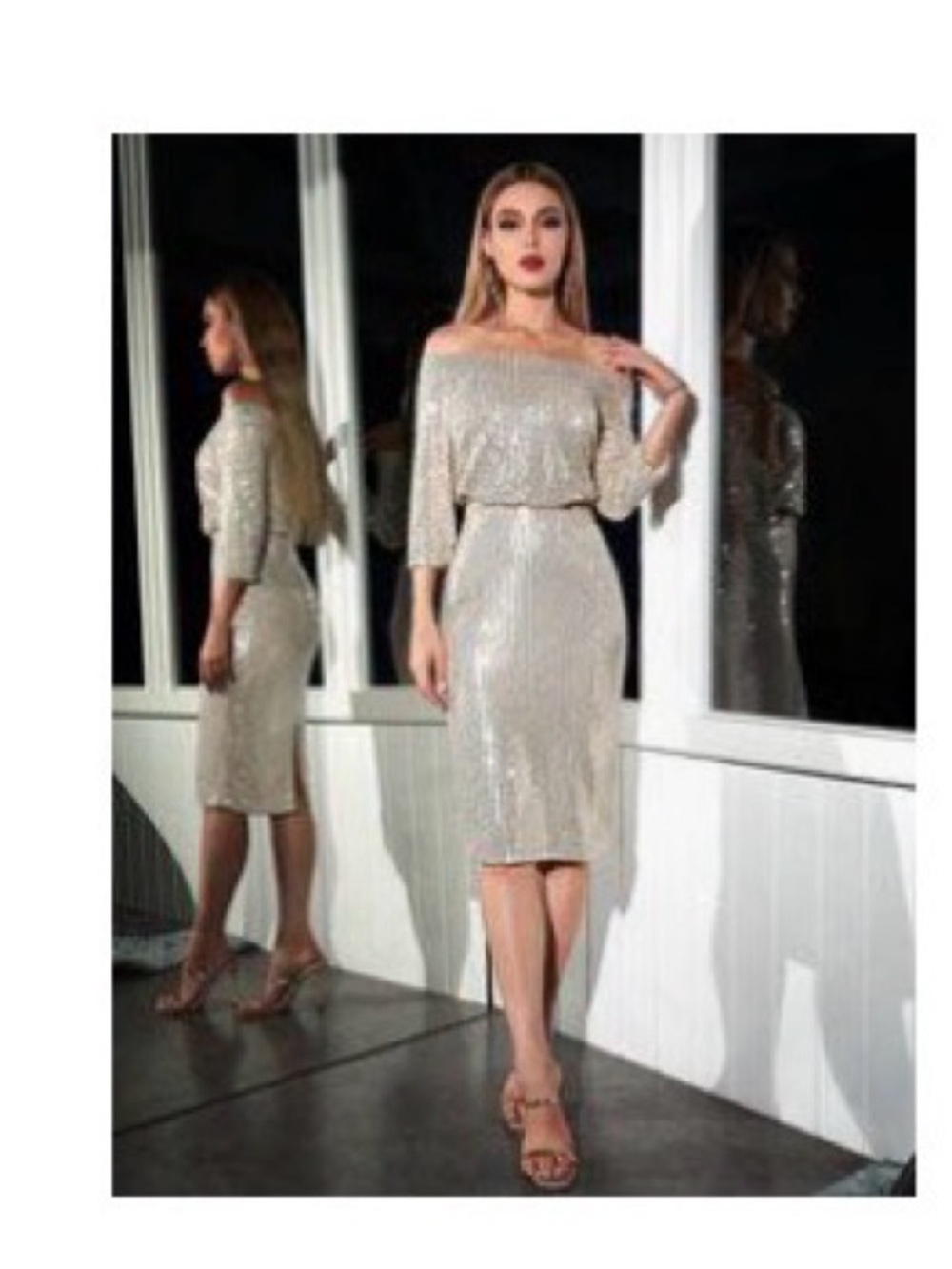 Sequin Off-Shoulder Cocktail Dress in Champagne